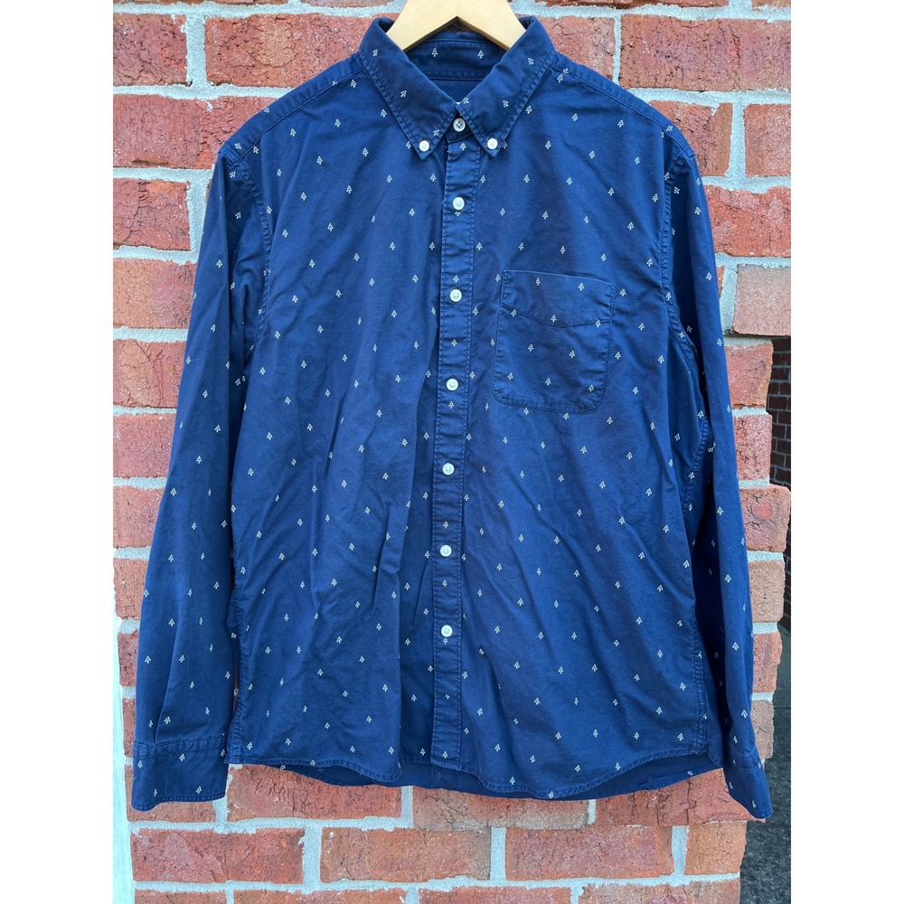 American Eagle Mens Large Classic Fit Navy Blue Geometric Print Button Down 292